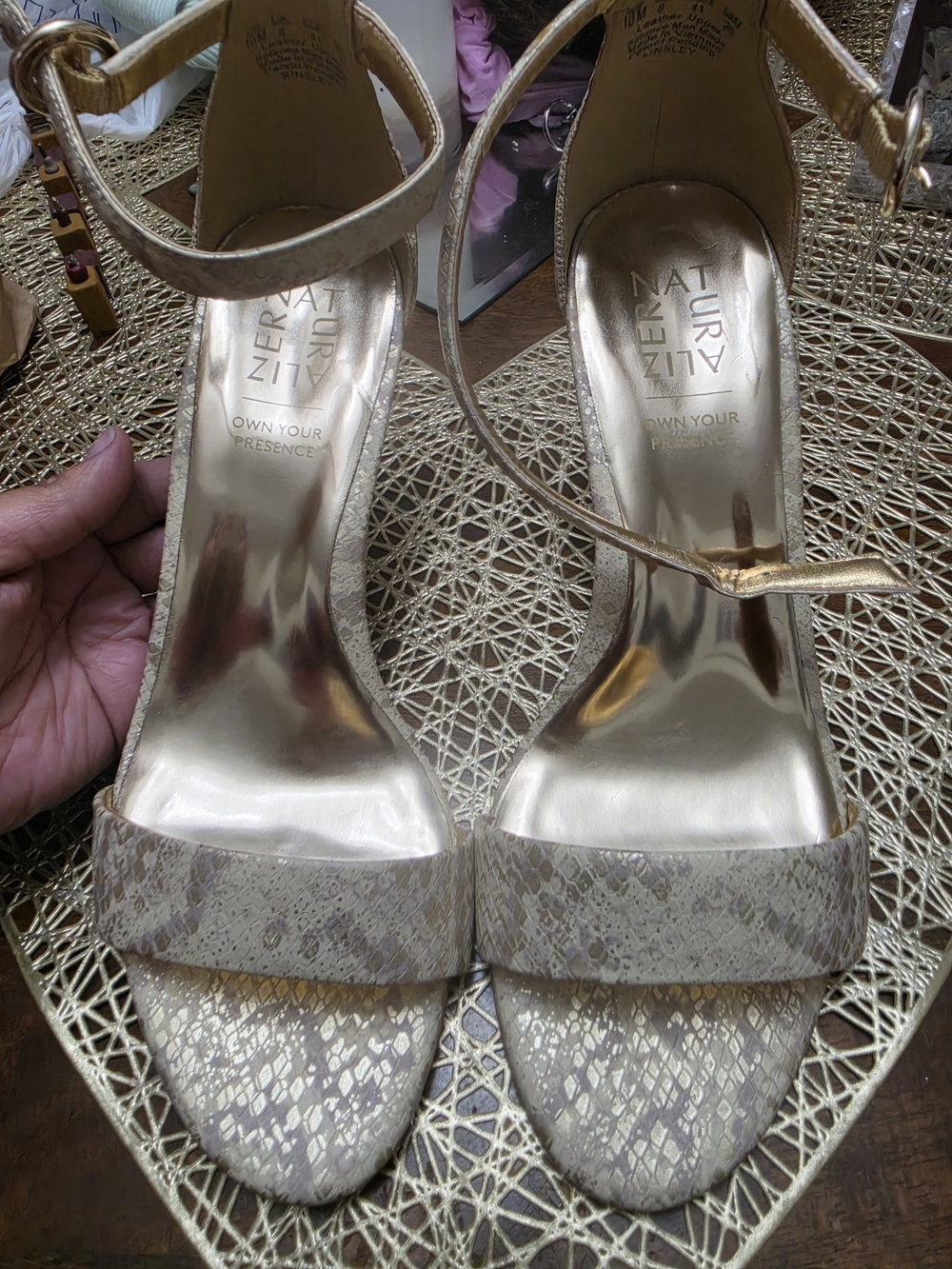 Naturalizer Metallic Gold Snake-Print Ankle Strap Heels